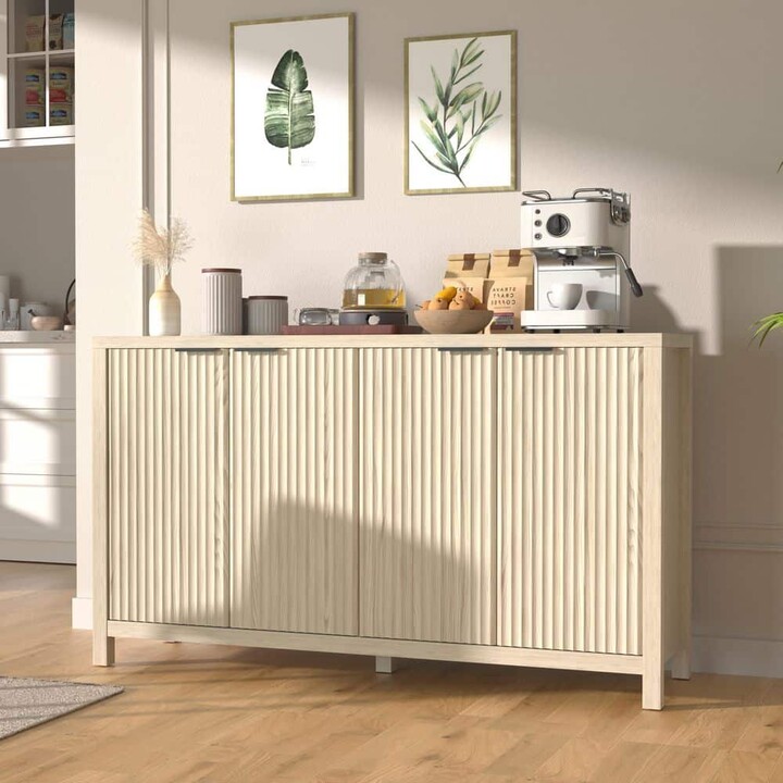 VEIKOUS 55 in. Wood Color Accent Buffet Cabinet with Storage, Particle Board Top Kitchen Cabinet with Fluted Doors