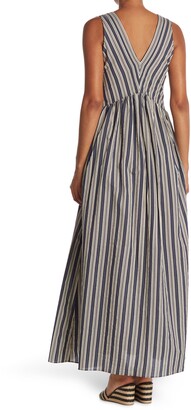Blue V-neck striped cotton-blend maxi dress, Brunello Cucinelli