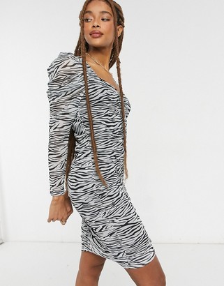 Only mesh mini dress with gathered front in zebra print
