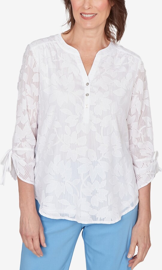 Alfred Dunner Women's St. Augustine Floral Jacquard Tie Sleeve Henley Top