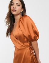 Thumbnail for your product : ASOS DESIGN satin wrap midi dress with puff sleeves