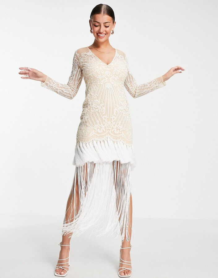 ASOS DESIGN plunge long sleeve embroidered maxi dress with fringe hem in  cream - ShopStyle