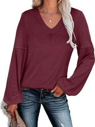 Cyanstyle Women's Casual Long Balloon Sleeve Tops V Neck Loose