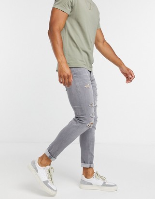 Jack and Jones Intelligence Liam skinny fit ripped jeans in light grey