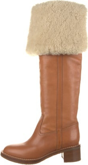 Celine Leather Knee-High Riding Boots Orange Shearling Trim Round-Toes with Fur Trim Platform Designer