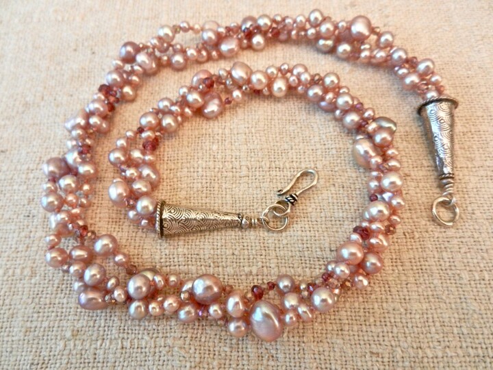 Etsy Hand Knotted Pearl Necklace Pink Garnet Crystal Sterling Silver
