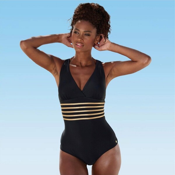 Lascana Women'sStrappyTummyControlOnePieceSwimsuit Black&GoldSolid44D