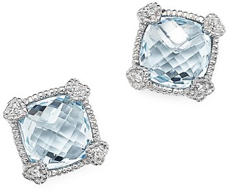 Judith Ripka Sterling Silver Cushion Stud Earrings with White Sapphire and Blue Topaz