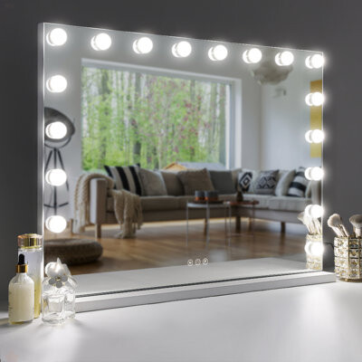 Ebern Designs Vanity Mirror With Lights 31.5" X 22.8" USB Charging Lighted Makeup Mirror With 18 LED Dimmable Bulbs, 3 Color Lights Bedroom Cosmetic Mirror For Tabl