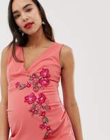 Thumbnail for your product : Little Mistress Maternity embroidered wrap front pencil dress in orange