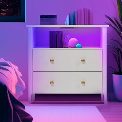 27 Inch Wide Wood Nightstand with 2 Drawers, LED Charging Station and Adjustable Drawer for Study