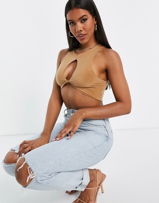 Missy Empire Missyempire exclusive not so basic keyhole crop top in camel
