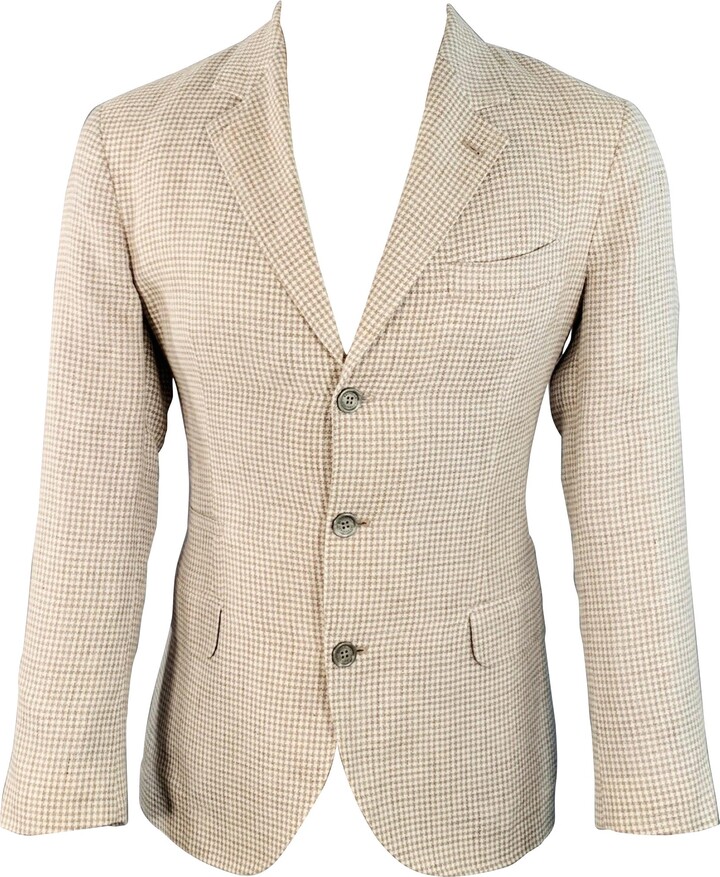 Brunello Cucinelli Size 38 Beige Cream Houndstooth Notch Lapel Sport Coat