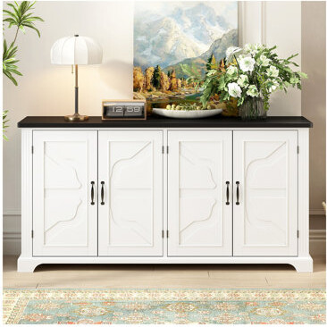 American Country Style Wooden Sideboard With Pine Doors And Legs, 4 Metal Handles, For Hallway Entryway Living Room Dining Room