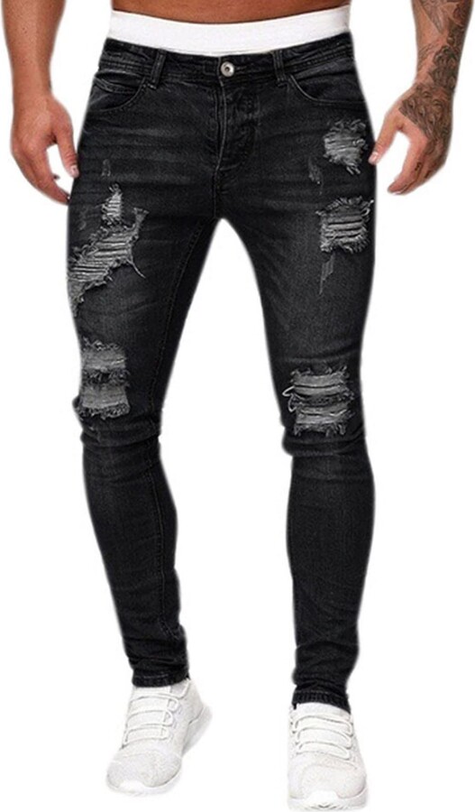 SDGR Jeans Holes Men's Casual Trousers Frayed Color Washed Ripped