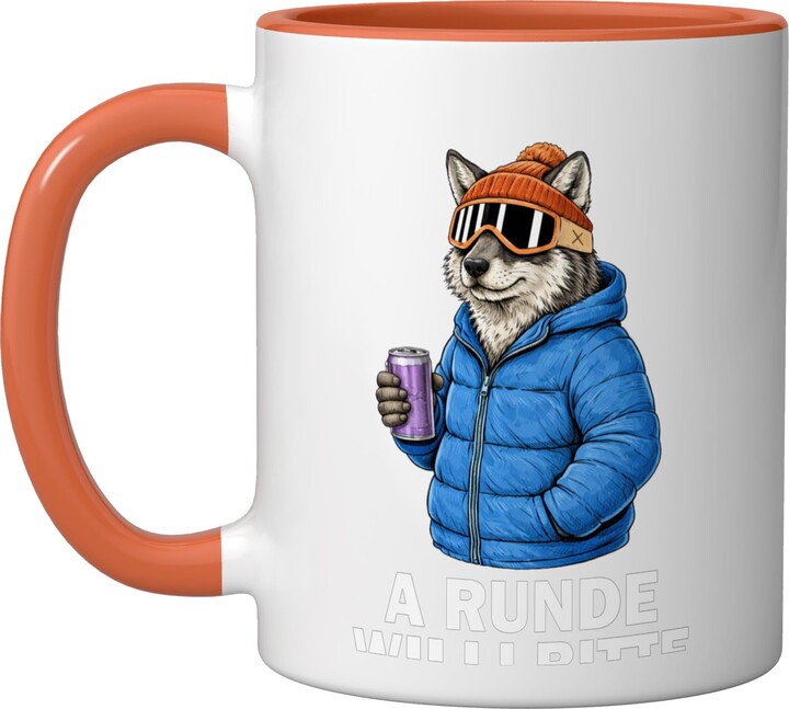Funny Animal Motifs Après Ski Sports Gift Idea A Runde Willi Bitte Wolf Animal Party Après Ski Shirt Ceramic Mug, Orange/White