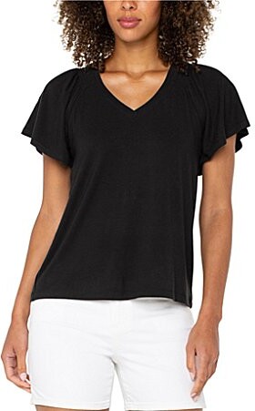 Liverpool Los Angeles Jersey Knit V-Neck Short Flutter Sleeve Shirred Top