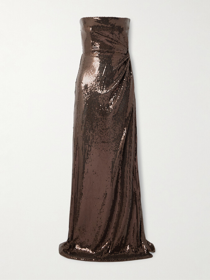 Alex Perry Strapless Sequined Tulle Gown - Brown