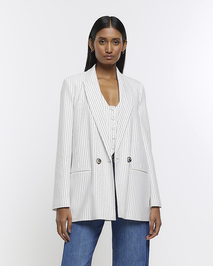 kind society River Island Womens Cream Pinstripe Relaxed Dad Blazer