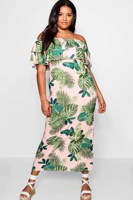 boohoo Plus Palm Print Off Shoulder Maxi Dress