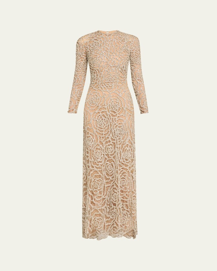 Oscar de la Renta Crystal Rose Cut Out Long Sleeve Gown