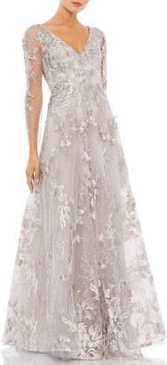 Mac Duggal Floral Embroidered Long Sleeve A-Line Gown