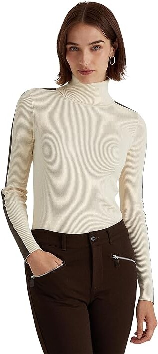 Lauren Ralph Lauren Faux-Leather-Trim Turtleneck Sweater (Mascarpone  Cream/Chocolate) Women's Clothing - ShopStyle
