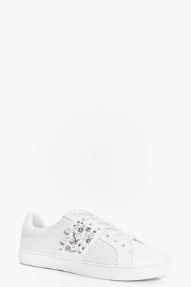 boohoo Pearl And Diamante Trim Lace Up Trainers
