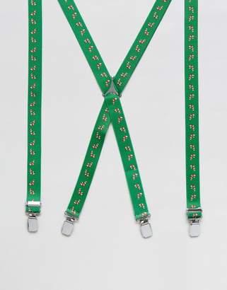 ASOS Design Christmas Braces With Candy Cane Print In Green