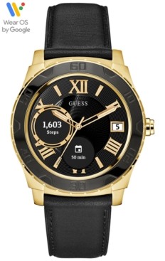 GUESS Connect Men's Black Leather Strap Touchscreen Smart Watch 44mm