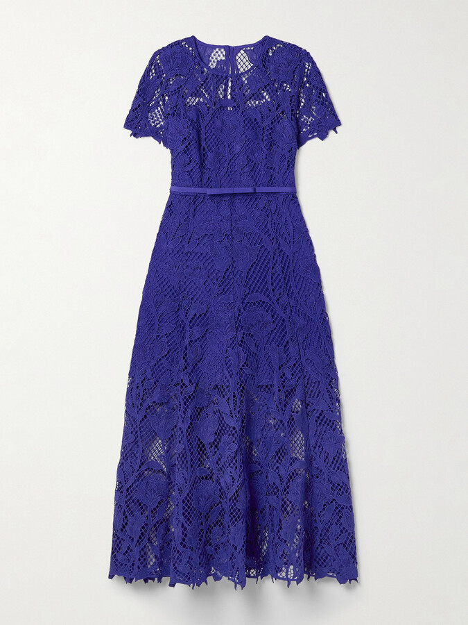 Self-Portrait Belted Guipure Lace Midi Dress - Blue