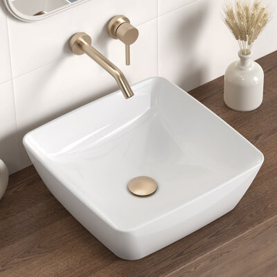 Kes Bathroom Sink White Square Vessel Sink for Bathroom White Ceramic 17 Inch Above Counter