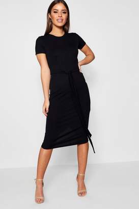 boohoo Petite Pleat Front Belted Tailored Midi Dress