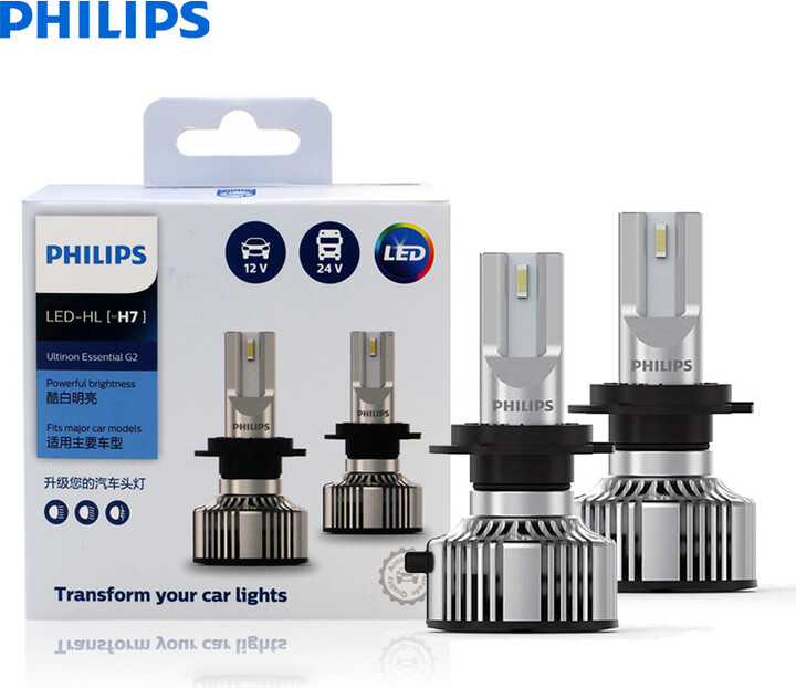 Philips New Ultinon Essential Gen2 LED H7 12/24V 20W 6500K Super White Light Car Headlight LED Auto Lamps 11972UE2X2 (Pack of 2)