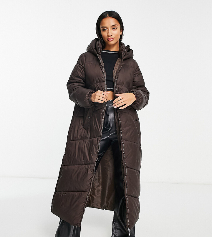 Vero Moda Petite padded maxi coat with hood in chocolate brown - ShopStyle