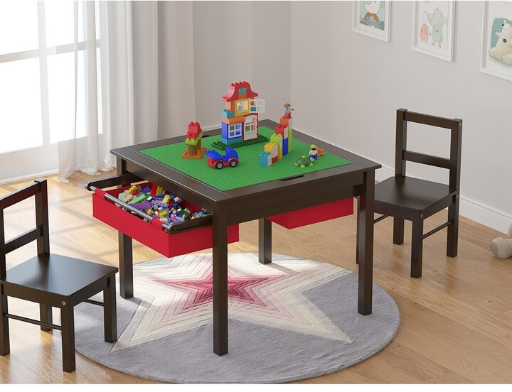 Utex 2 in 1 Kids Activity Lego Table Set with Storage, Kids Table with 2 Chairs, Espresso with