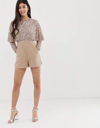 Maya Petite cape detail romper with tonal delicate sequin top in taupe blush
