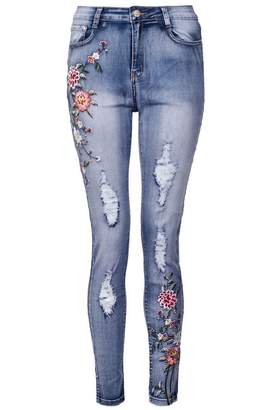 Quiz Light Blue Flower Embroidered Skinny Jeans