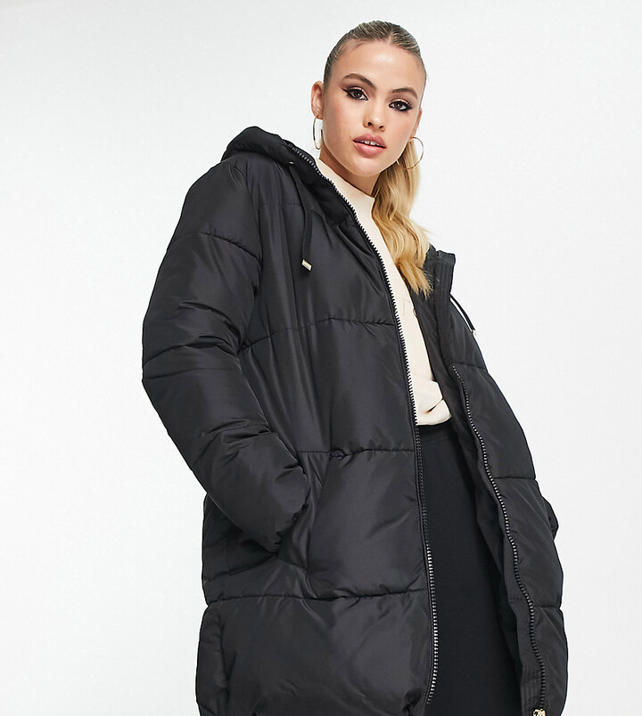 New Look Tall mid length hooded puffer coat in black - ShopStyle