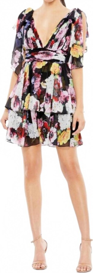 Leena for Mac Duggal Floral Bow Strap V-Neck Mini Dress In Multi
