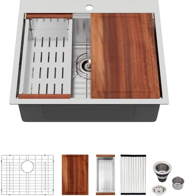 Tidoin 25 in. Drop-In/Undermount Single Bowl 16 Gauge Brushed Nickel Stainless Steel Kitchen Sink with Grid and Drain