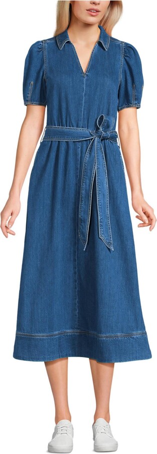 Lands' End Women's Soft Denim Puff Sleeve Midi Dress