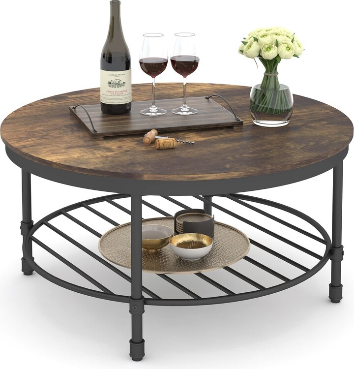 Howcool 2Tier Round Coffee Table, Industrial Coffee Table for Living