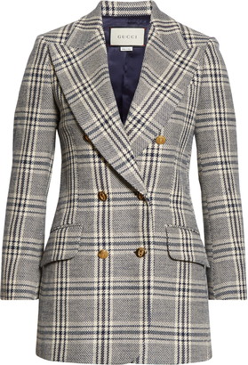 Gucci Double Breasted Check Wool Blend Tweed Blazer