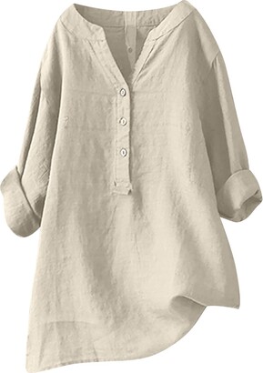 FunAloe Shirts for Women Tunic Tops Leggings Womens Summer Size 18 Linen  Shirt Dress Tshirt Cotton V Neck UK Sale 3/4 Roll Sleeve Loose Button Blouse  - ShopStyle