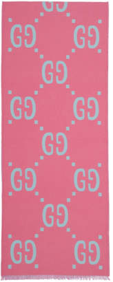 Gucci Blue and Pink Jacquard Wool GG Scarf