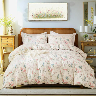 Nayoroom French Garden Botanical Rose Pink Floral Butterfly Duvet Cover Vintage Style Soft Cotton Garden Floral Aesthetic Bedding Set