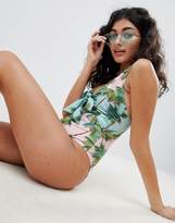 Thumbnail for your product : ASOS Design Tie Front Plunge Swimsuit In Palm Print