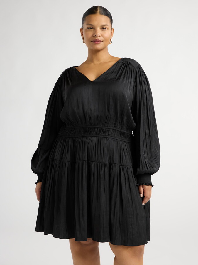 Scoop Women’s and Women’s Plus Crinkle Satin V-Neck Shirred Mini Dress with Long Sleeves, Sizes XS-4X