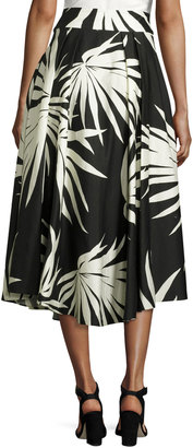 Milly Jackie Palm-Print Cotton Midi Skirt, Black
